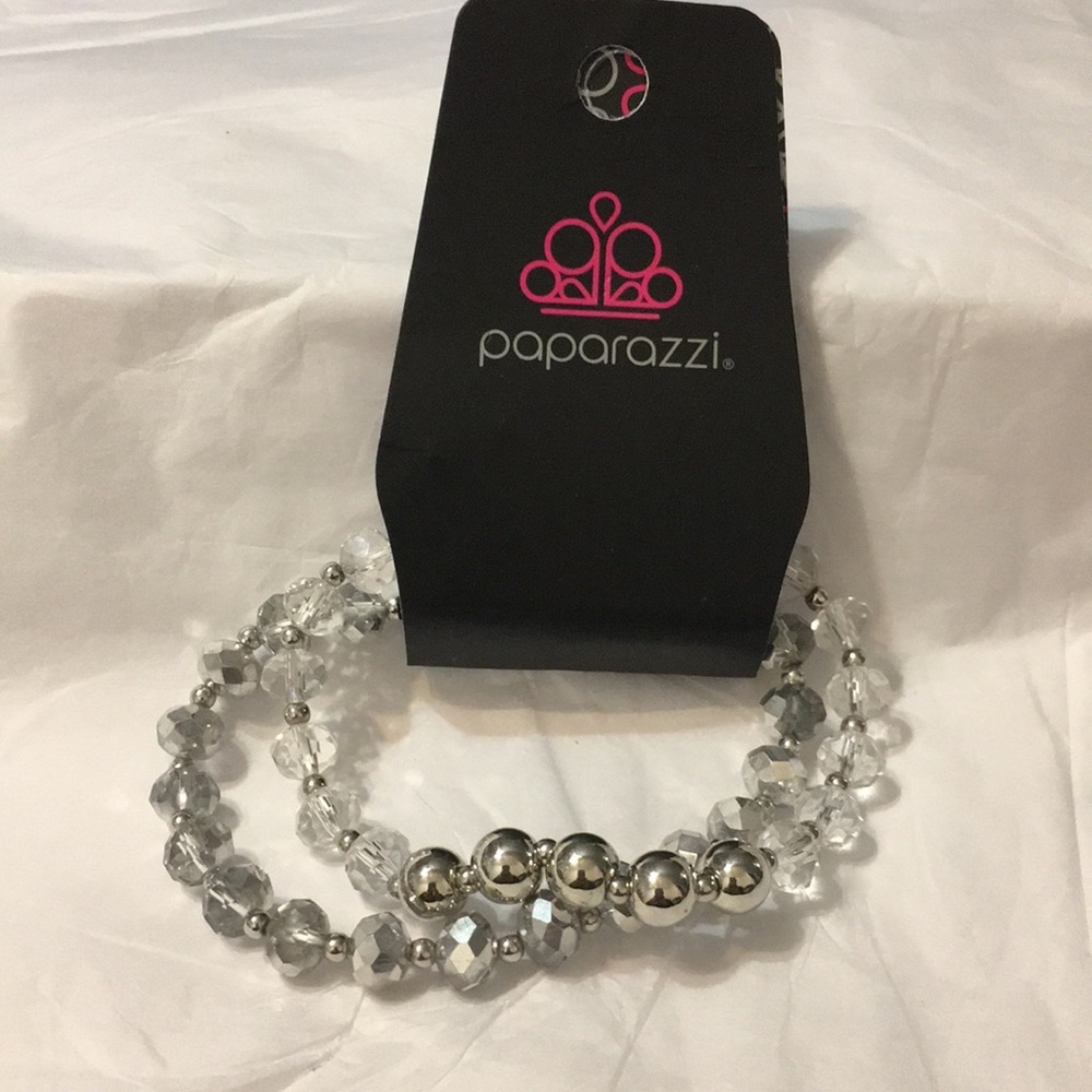 Two strand stretchy bracelets with silver and clear beads